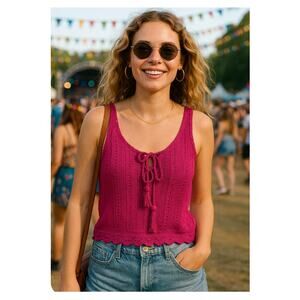 NWT Old Navy Crochet Pointelle Knit Tank Top Lace Up Size M Dragon Fruit Pink